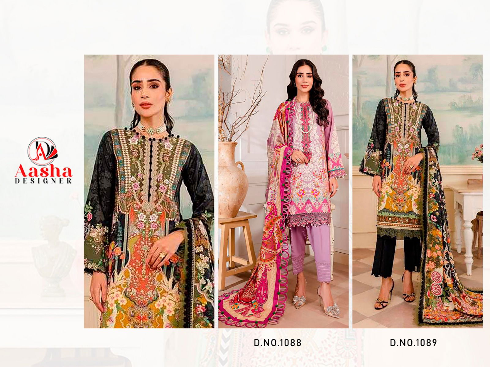 Aasha 1088 And 1089 Printed Embroidery Cotton Pakistani Suits Wholesale Online
